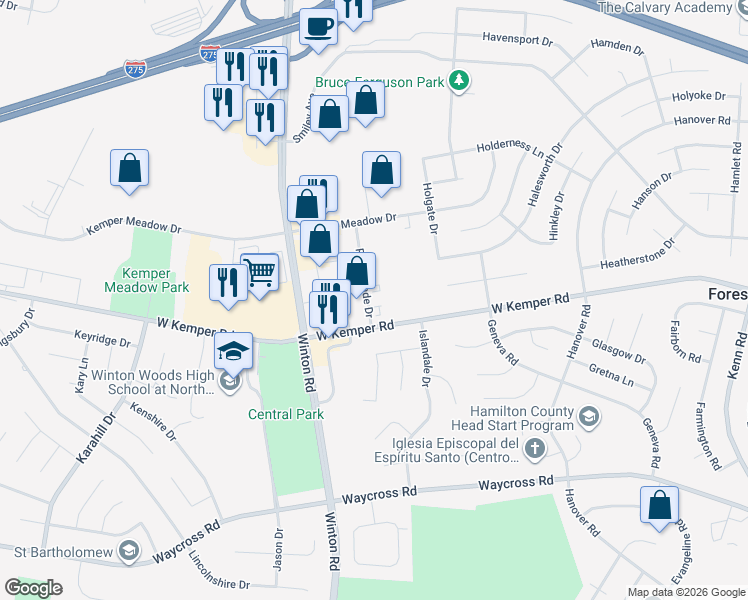 map of restaurants, bars, coffee shops, grocery stores, and more near 1095 Parkridge Court in Cincinnati