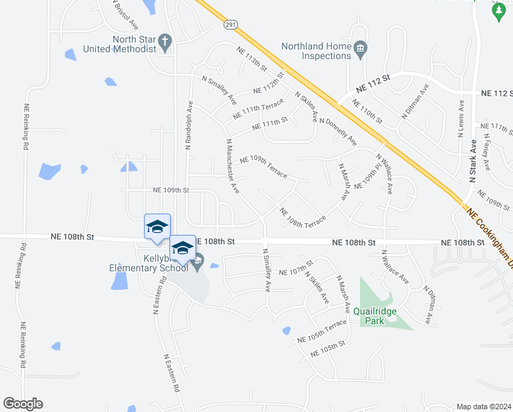 map of restaurants, bars, coffee shops, grocery stores, and more near 10823 North Manchester Avenue in Kansas City