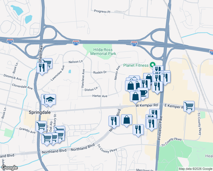map of restaurants, bars, coffee shops, grocery stores, and more near 11709 Van Camp Lane in Cincinnati