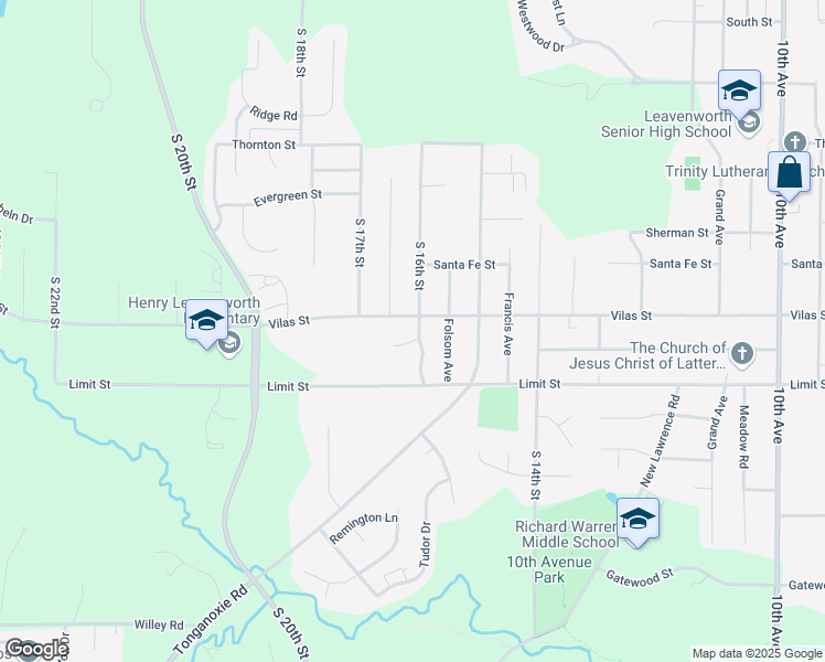 map of restaurants, bars, coffee shops, grocery stores, and more near 2704 South 16th Street in Leavenworth
