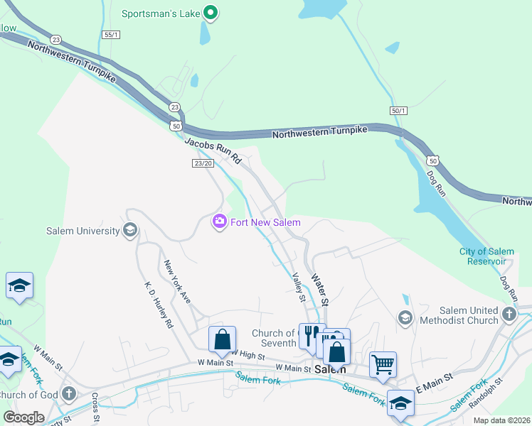 map of restaurants, bars, coffee shops, grocery stores, and more near 54 Park Avenue in Jane Lew