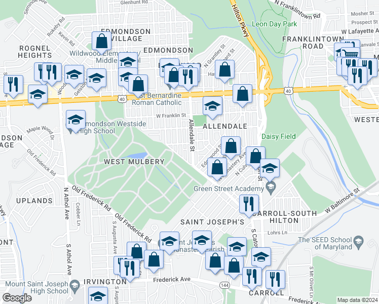 map of restaurants, bars, coffee shops, grocery stores, and more near 128 Allendale Street in Baltimore