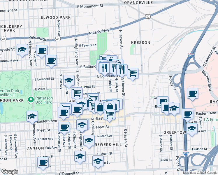 map of restaurants, bars, coffee shops, grocery stores, and more near 3807 East Pratt Street in Baltimore