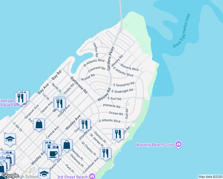 map of restaurants, bars, coffee shops, grocery stores, and more near 322 East Surf Road in Ocean City