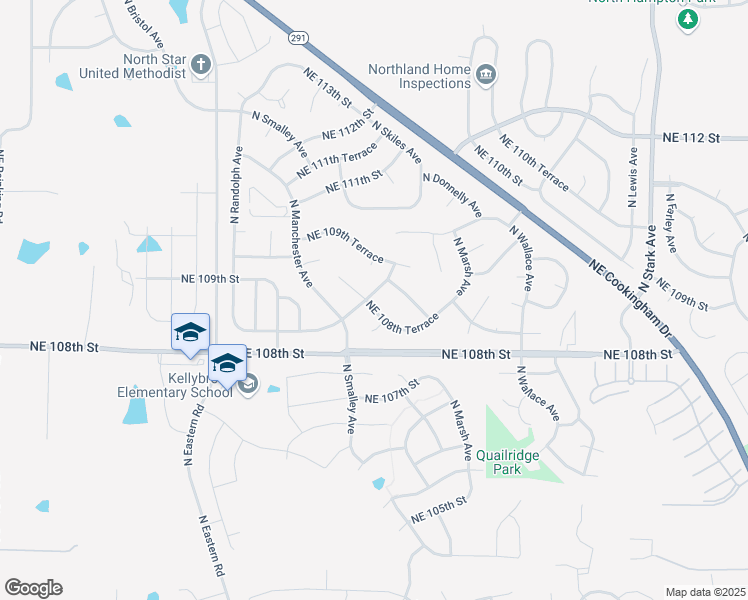 map of restaurants, bars, coffee shops, grocery stores, and more near 8000 Northeast 108th Terrace in Kansas City