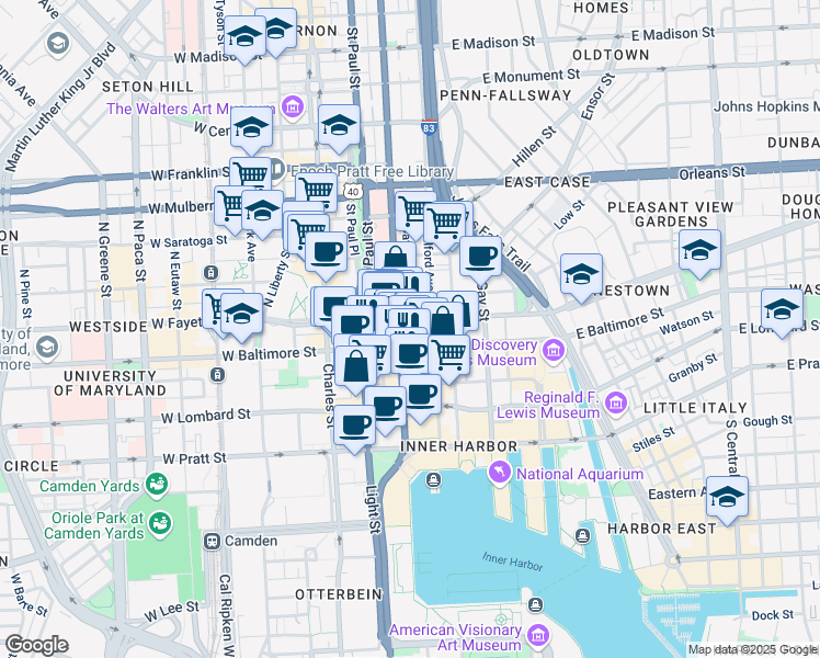 map of restaurants, bars, coffee shops, grocery stores, and more near 7 North Calvert Street in Baltimore