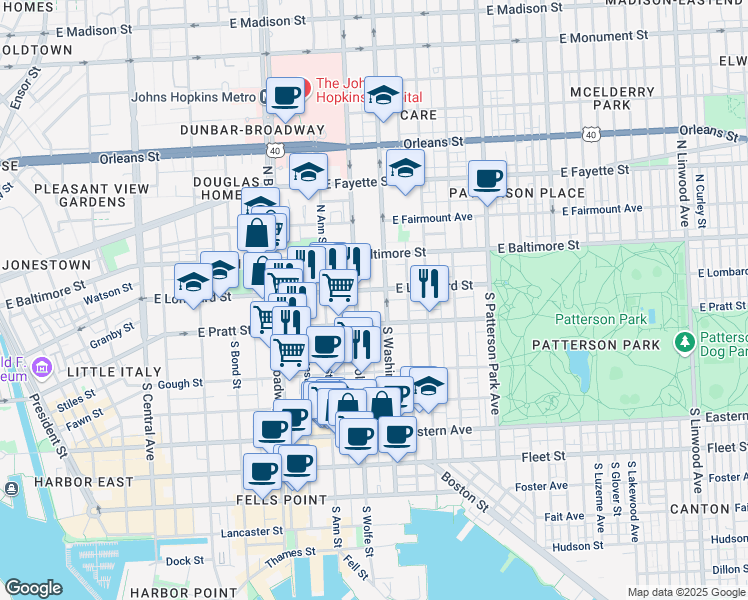 map of restaurants, bars, coffee shops, grocery stores, and more near 105 S Chapel St in Baltimore