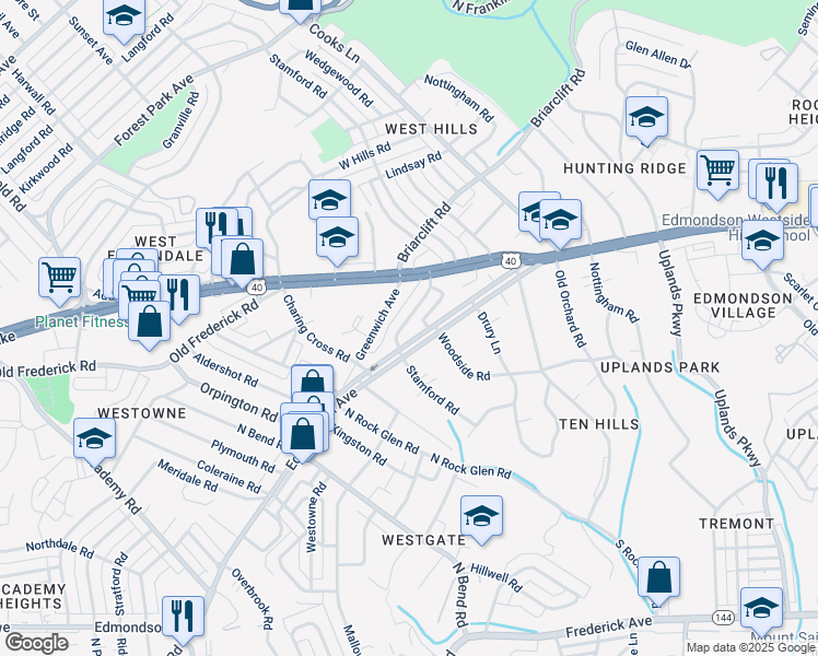 map of restaurants, bars, coffee shops, grocery stores, and more near 603 Stamford Road in Baltimore
