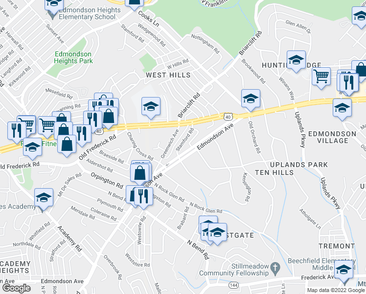 map of restaurants, bars, coffee shops, grocery stores, and more near 603 Stamford Road in Baltimore