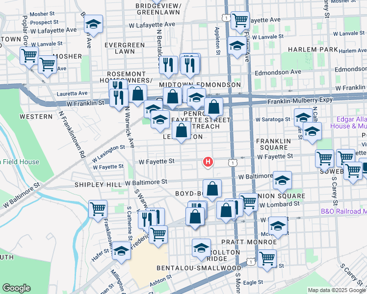map of restaurants, bars, coffee shops, grocery stores, and more near 2143 West Lexington Street in Baltimore
