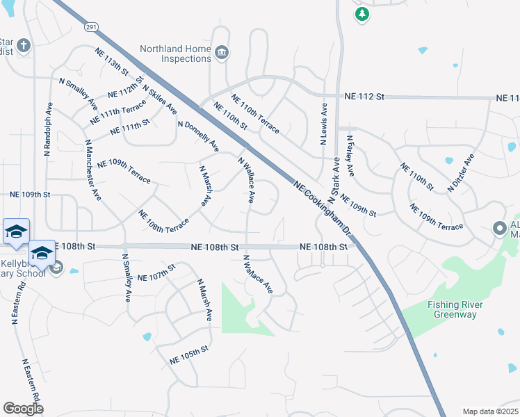 map of restaurants, bars, coffee shops, grocery stores, and more near 8800 Northeast 108th Street in Kansas City