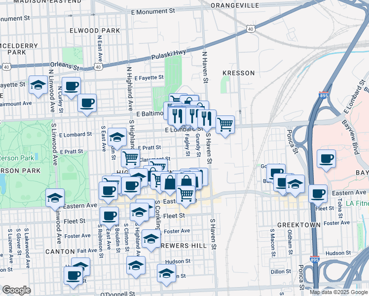 map of restaurants, bars, coffee shops, grocery stores, and more near 3807 East Pratt Street in Baltimore