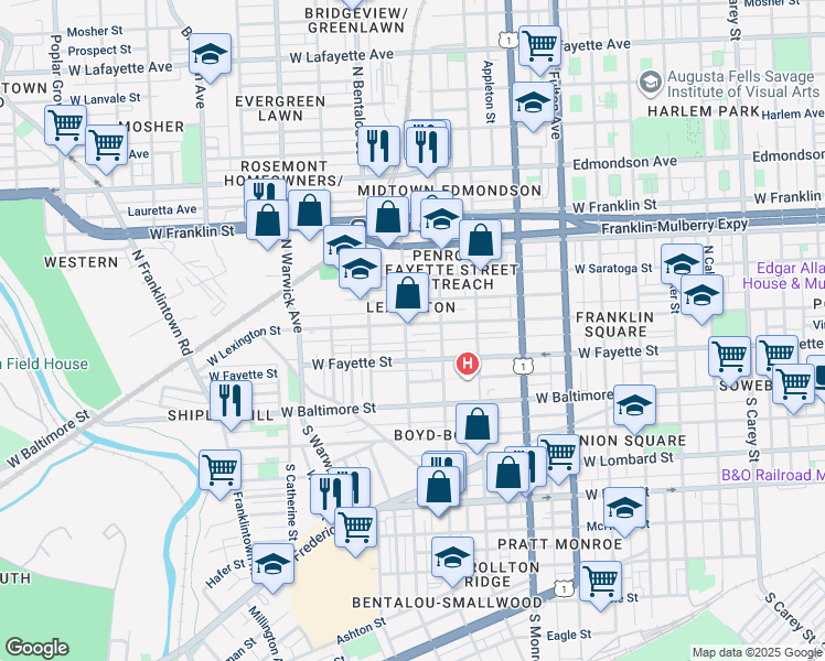 map of restaurants, bars, coffee shops, grocery stores, and more near 2143 West Lexington Street in Baltimore