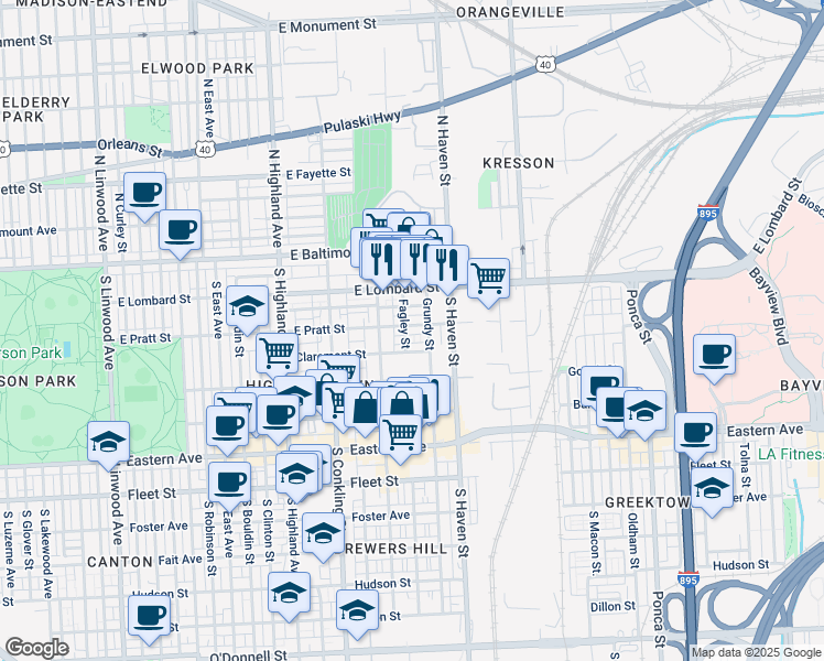 map of restaurants, bars, coffee shops, grocery stores, and more near 3907 East Pratt Street in Baltimore