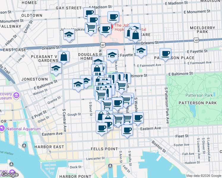 map of restaurants, bars, coffee shops, grocery stores, and more near 1723 East Lombard Street in Baltimore