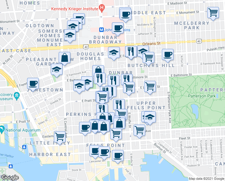 map of restaurants, bars, coffee shops, grocery stores, and more near 1723 East Lombard Street in Baltimore