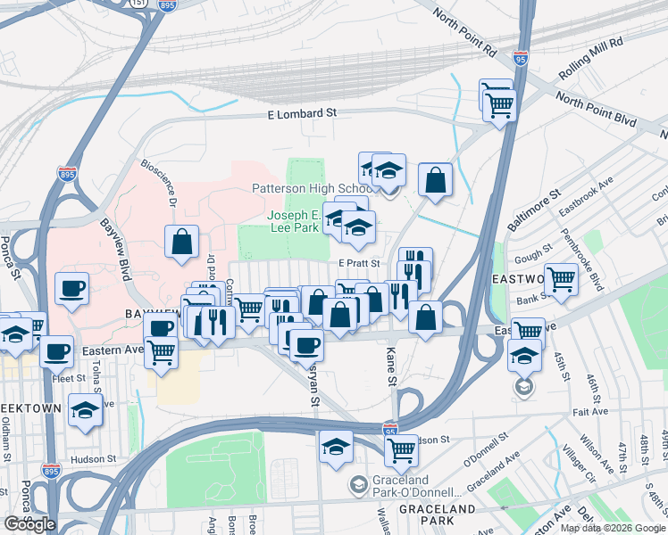 map of restaurants, bars, coffee shops, grocery stores, and more near 303 Hornel Street in Baltimore