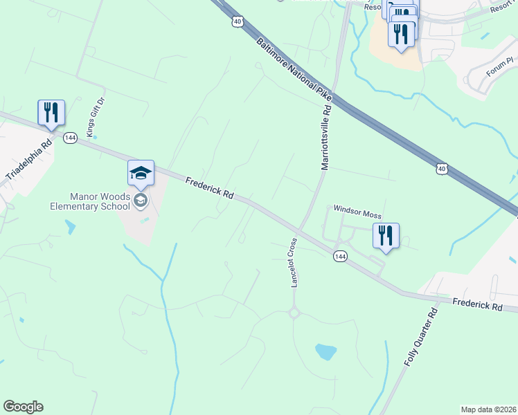 map of restaurants, bars, coffee shops, grocery stores, and more near Highway 144 in Ellicott City