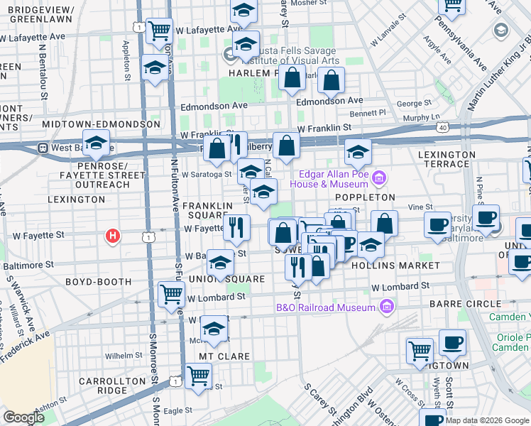 map of restaurants, bars, coffee shops, grocery stores, and more near 100 North Calhoun Street in Baltimore