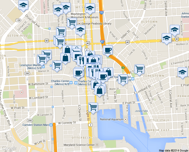 map of restaurants, bars, coffee shops, grocery stores, and more near 0 East Baltimore Street in Baltimore