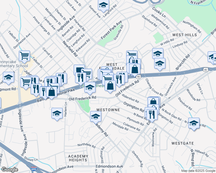 map of restaurants, bars, coffee shops, grocery stores, and more near 5469 Baltimore National Pike in Catonsville