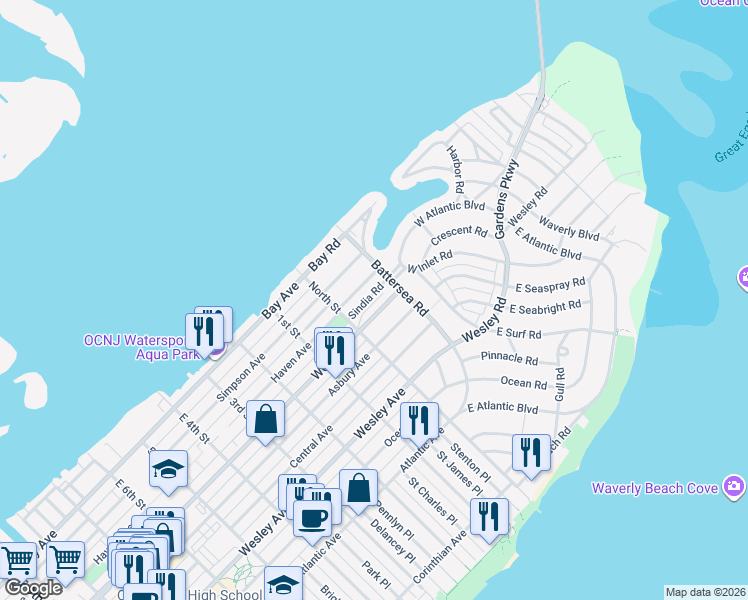 map of restaurants, bars, coffee shops, grocery stores, and more near 204 Battersea Road in Ocean City