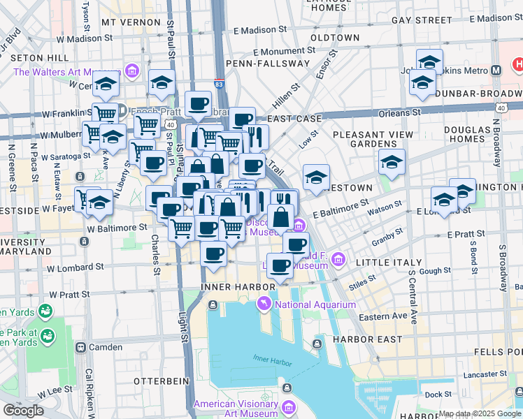 map of restaurants, bars, coffee shops, grocery stores, and more near 501 East Fayette Street in Baltimore