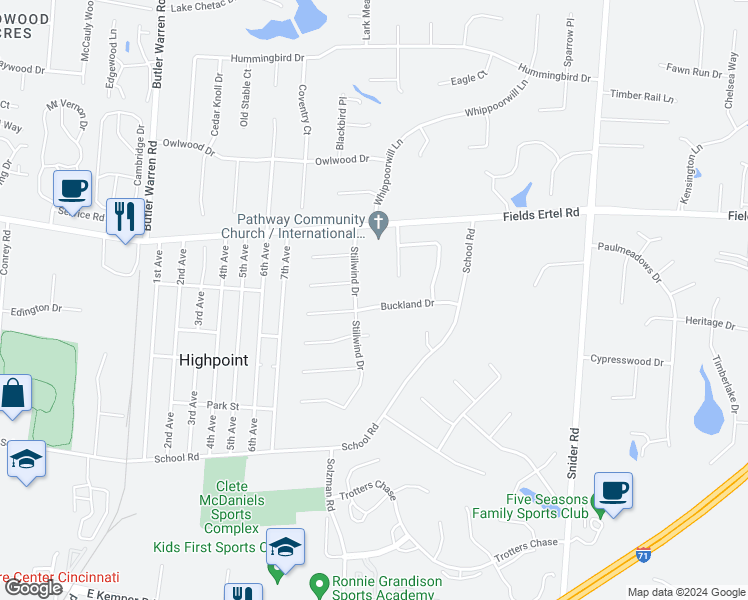 map of restaurants, bars, coffee shops, grocery stores, and more near 8044 Buckland Drive in Cincinnati