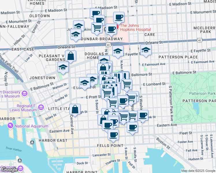 map of restaurants, bars, coffee shops, grocery stores, and more near E Lombard St & S Broadway in Baltimore