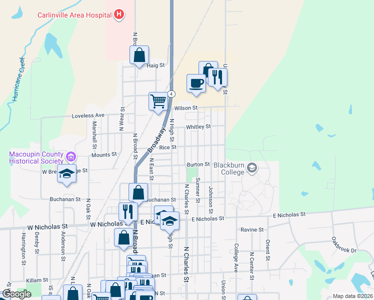 map of restaurants, bars, coffee shops, grocery stores, and more near 1011 North Charles Street in Carlinville