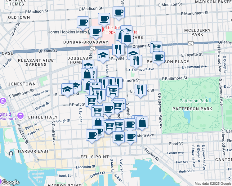 map of restaurants, bars, coffee shops, grocery stores, and more near 1837 East Lombard Street in Baltimore