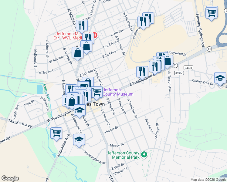 map of restaurants, bars, coffee shops, grocery stores, and more near 324 West Virginia 51 in Charles Town