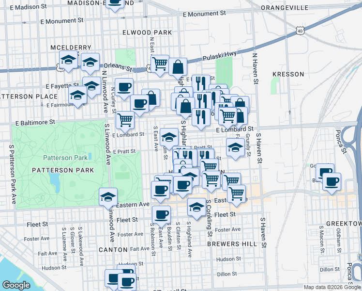 map of restaurants, bars, coffee shops, grocery stores, and more near 3406 Mount Pleasant Avenue in Baltimore