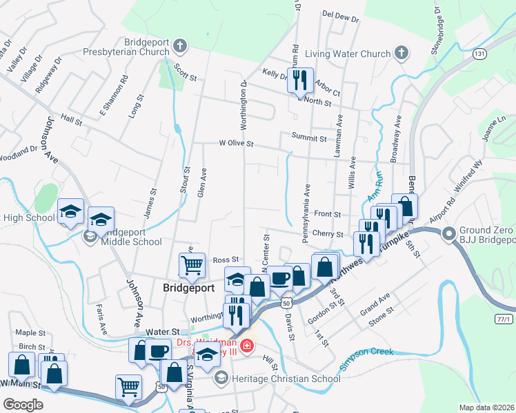 map of restaurants, bars, coffee shops, grocery stores, and more near 566 Worthington Drive in Bridgeport