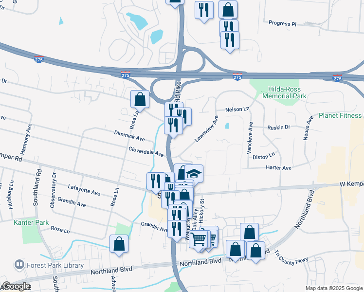 map of restaurants, bars, coffee shops, grocery stores, and more near 11790 Springfield Pike in Springdale