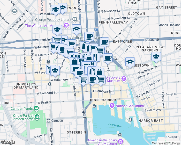 map of restaurants, bars, coffee shops, grocery stores, and more near 200-298 E Fayette St in Baltimore