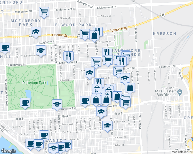 map of restaurants, bars, coffee shops, grocery stores, and more near 142 South Highland Avenue in Baltimore