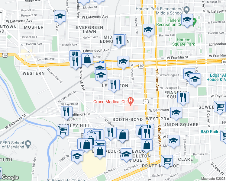 map of restaurants, bars, coffee shops, grocery stores, and more near W Lexington St & N Smallwood St in Baltimore