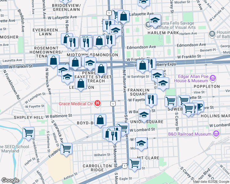 map of restaurants, bars, coffee shops, grocery stores, and more near 1841 West Lexington Street in Baltimore
