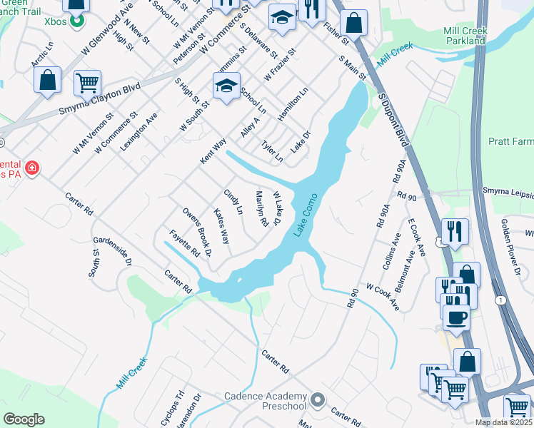 map of restaurants, bars, coffee shops, grocery stores, and more near 519 Marilyn Road in Smyrna