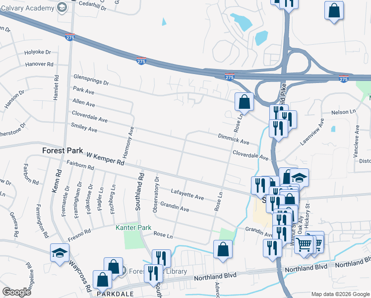 map of restaurants, bars, coffee shops, grocery stores, and more near 11688 Greenlawn Avenue in Cincinnati