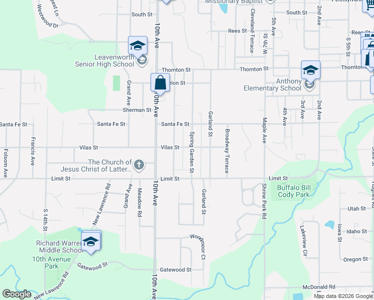 map of restaurants, bars, coffee shops, grocery stores, and more near 2613 Spring Garden Street in Leavenworth
