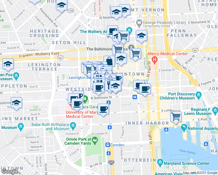 map of restaurants, bars, coffee shops, grocery stores, and more near W Fayette St & N Howard St in Baltimore