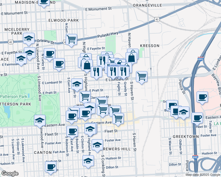 map of restaurants, bars, coffee shops, grocery stores, and more near 132 South Eaton Street in Baltimore