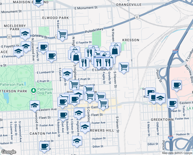 map of restaurants, bars, coffee shops, grocery stores, and more near 132 South Eaton Street in Baltimore