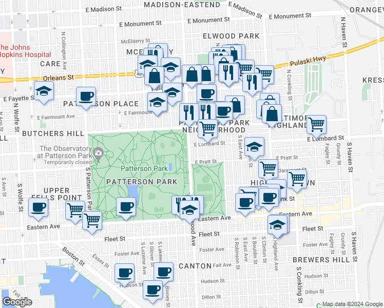 map of restaurants, bars, coffee shops, grocery stores, and more near 125 South Linwood Avenue in Baltimore