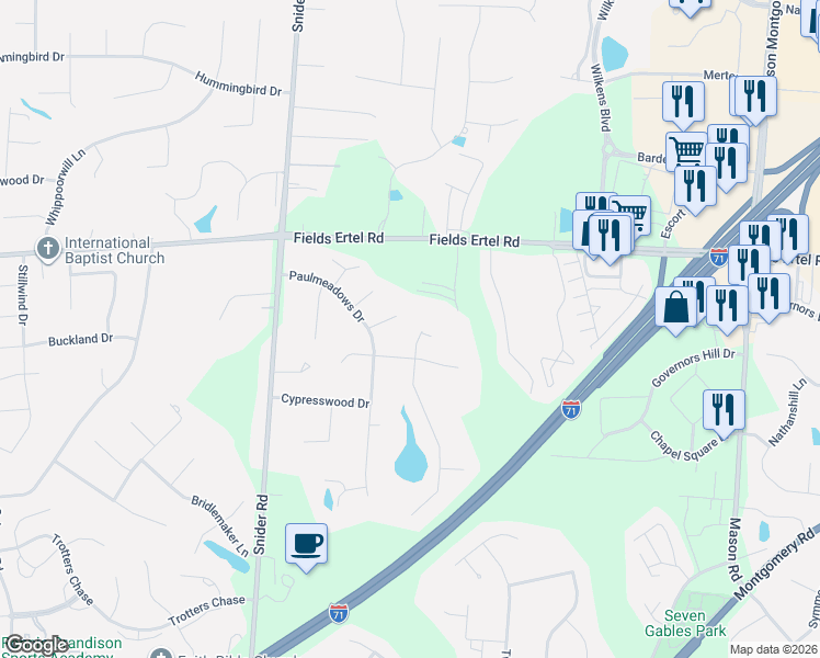 map of restaurants, bars, coffee shops, grocery stores, and more near 12099 Timberlake Drive in Cincinnati