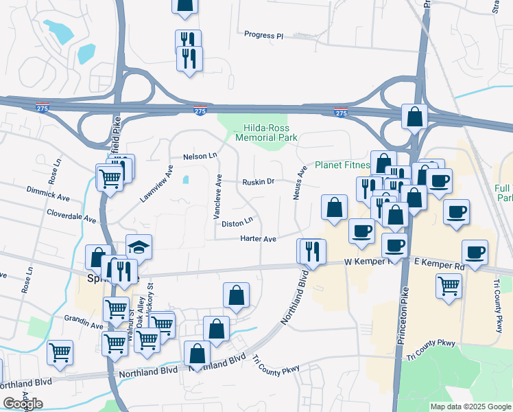 map of restaurants, bars, coffee shops, grocery stores, and more near 11736 Lawnview Avenue in Cincinnati