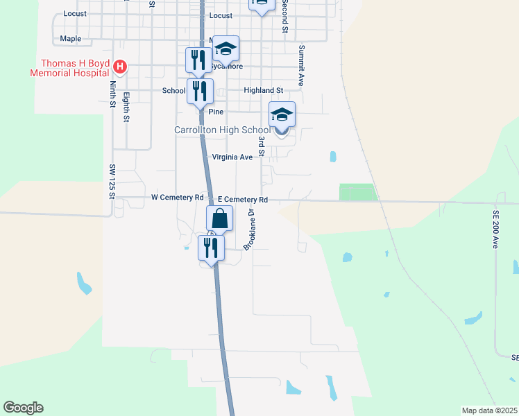 map of restaurants, bars, coffee shops, grocery stores, and more near 136-228 East Cemetery Road in Carrollton