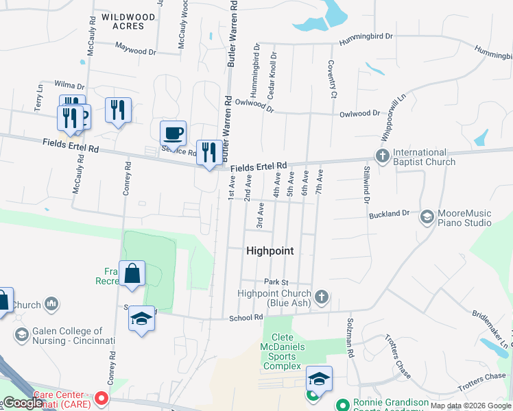 map of restaurants, bars, coffee shops, grocery stores, and more near 12139 Evans Street in Cincinnati